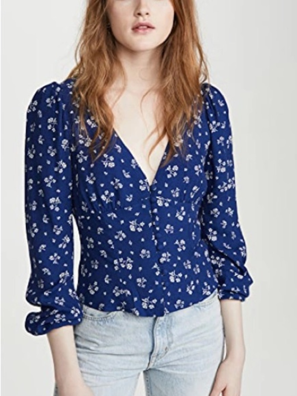 Reformation Blue Floral V-Neck Button Blouse